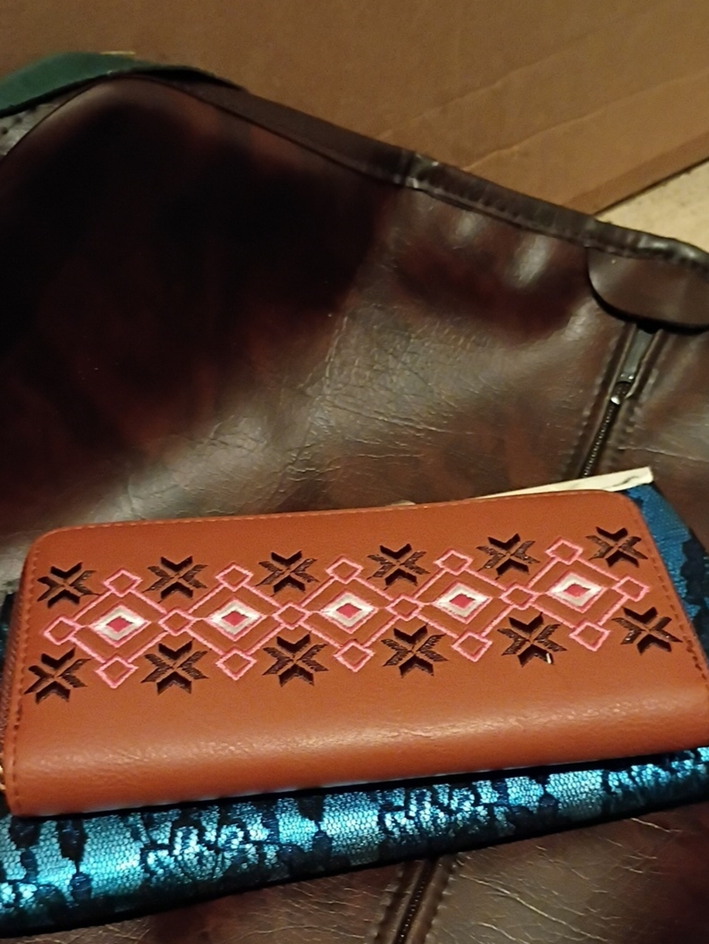 Embroidered Tan Zip-Around Wallet with Pink Accents